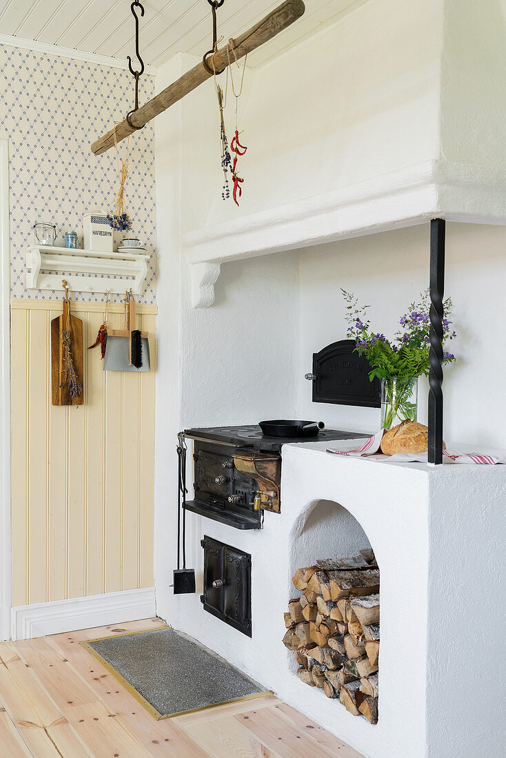 Wood-burning stove in kitchen