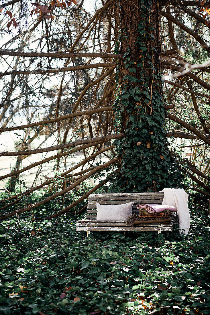 Kissen und ein Stapel Decken auf einer Bank unterm Baum mit Efeu