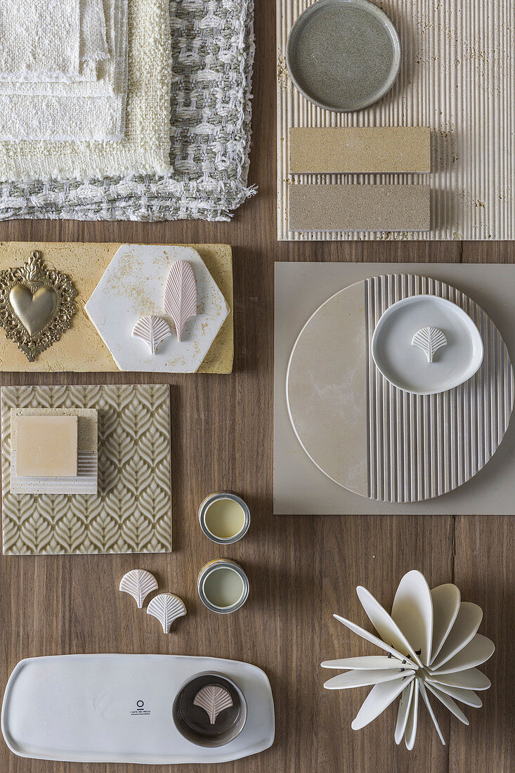 Mood board of beige and white tiled and ornaments