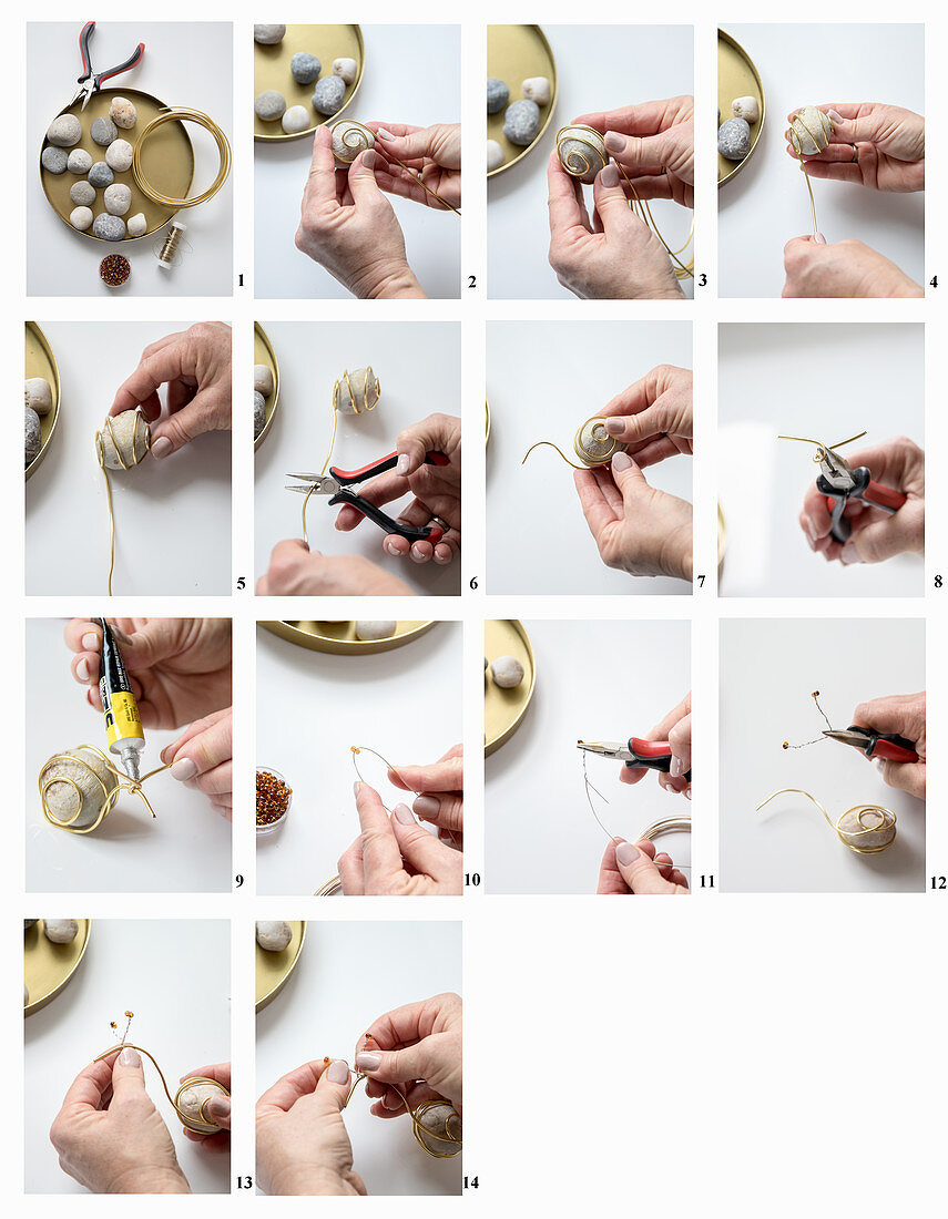 Instructions for making snails from pebbles and wire