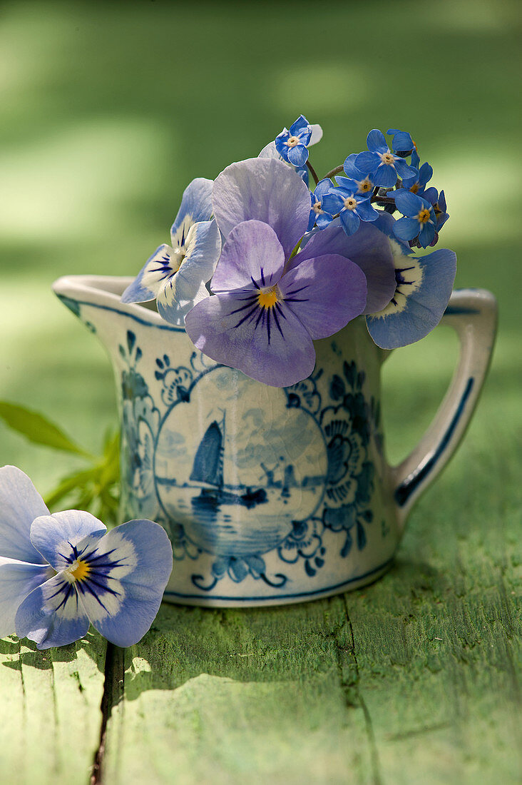 Pansies and forget-me-not blossoms in ceramic jugs
