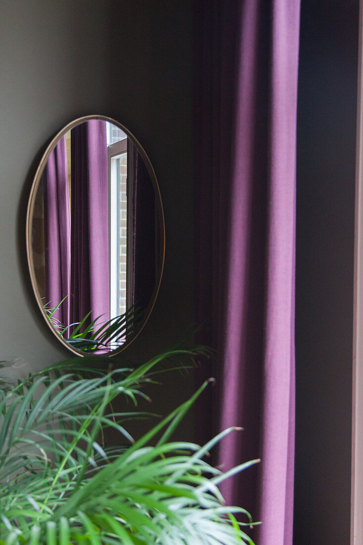 View across potted palm to mirror on wall next to purple curtain