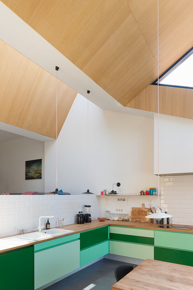 Modern kitchen with green base cabinets and wooden ceiling construction