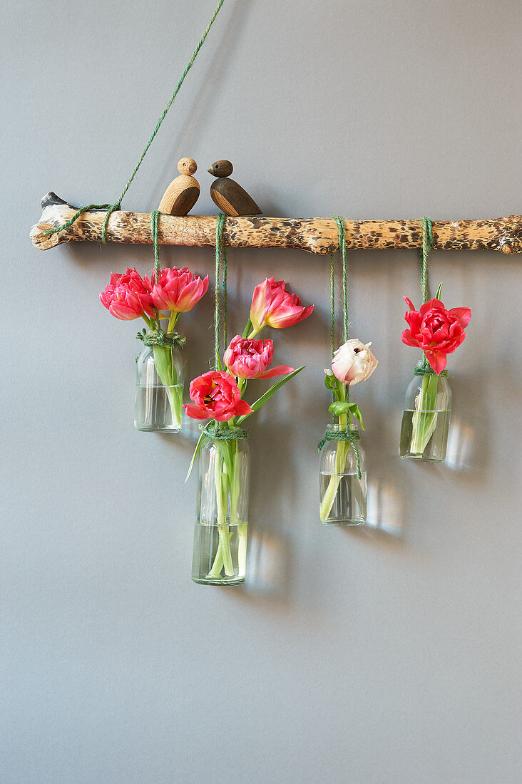 Glasflaschen mit Tulpen als Wanddekoration an Ast gehängt