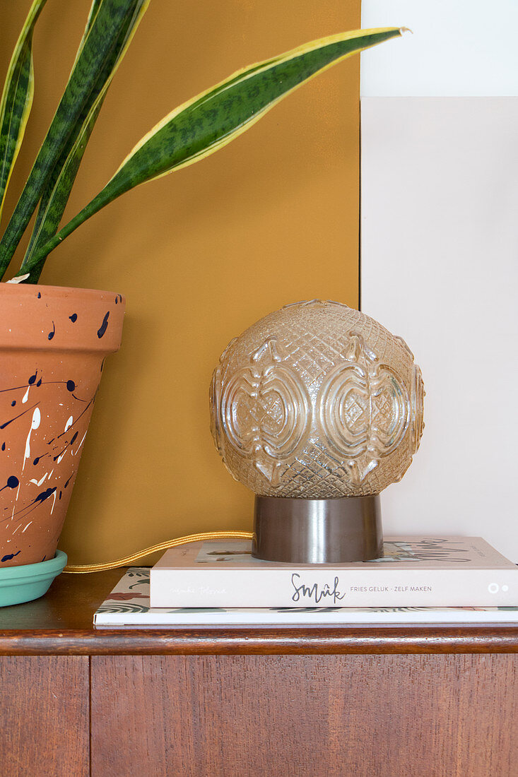 Structured, spherical lamp next to snake plant in terracotta pot