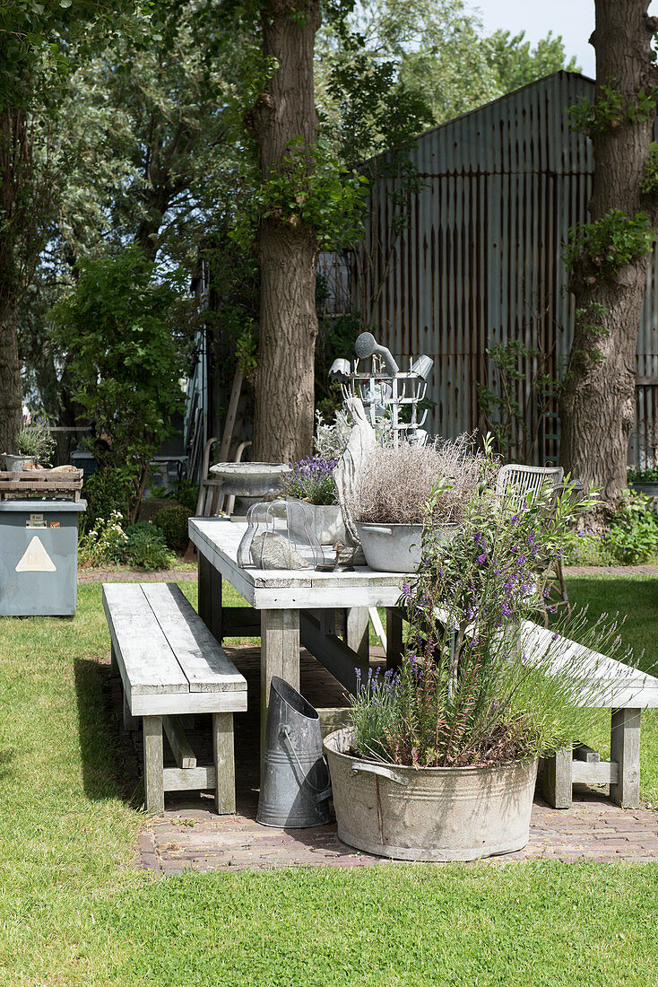 Holztisch mit Bänken und Pflanzenkübel im Garten