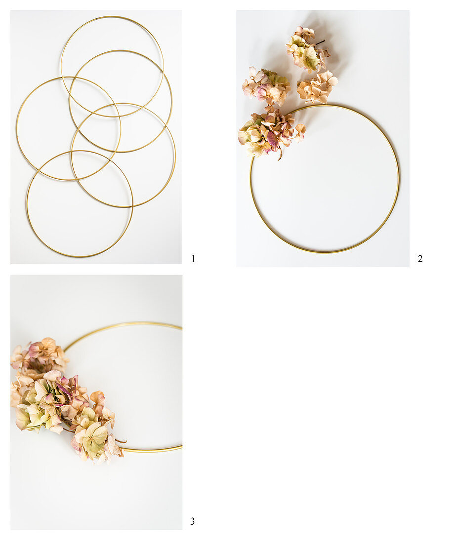 Goldener Ring mit wird mit getrockneten Hortensien dekoriert