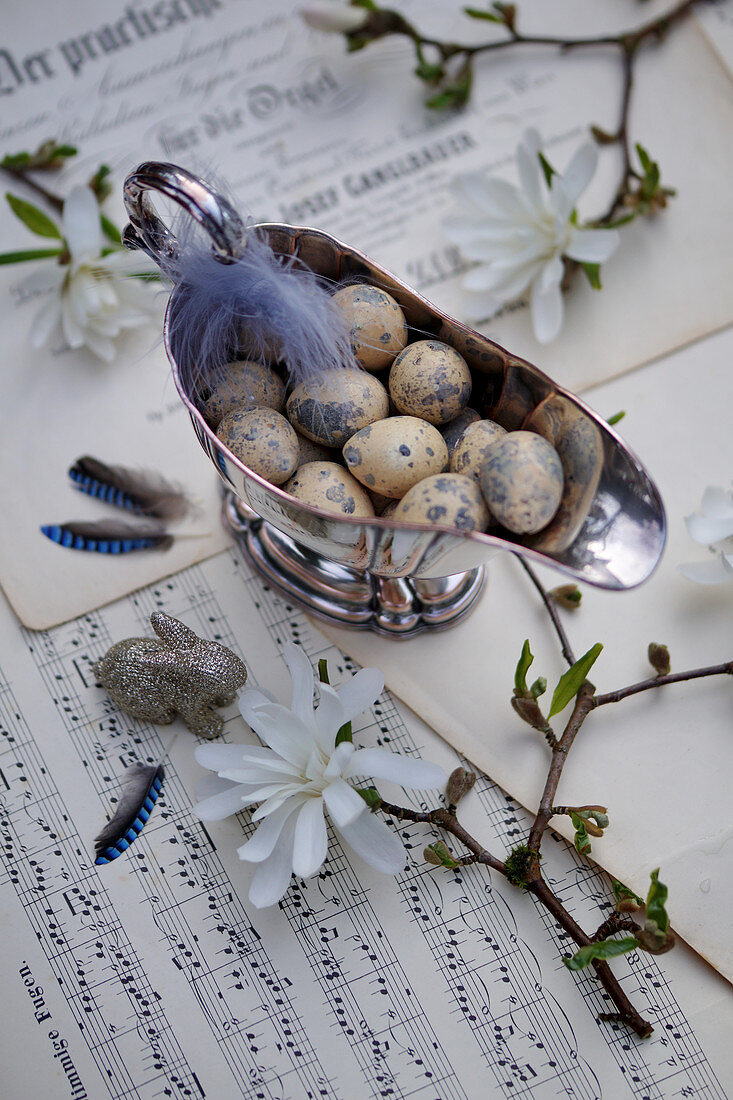 Easter eggs and feathers in silver sauce boat, magnolia branches, Easter bunny and jay feathers