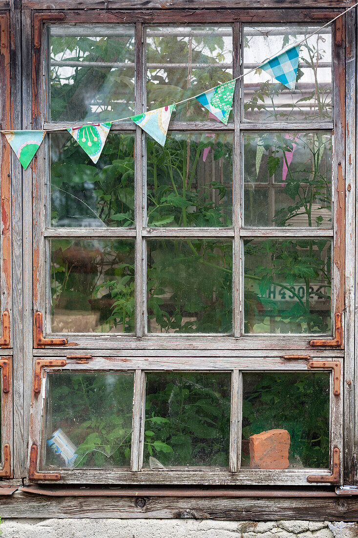 Altes Sprossenfenster mit Wimpelkette
