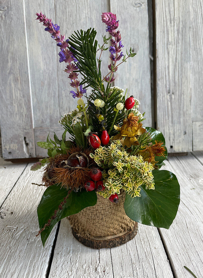 Arrangement of colorful leaves and fresh herbs