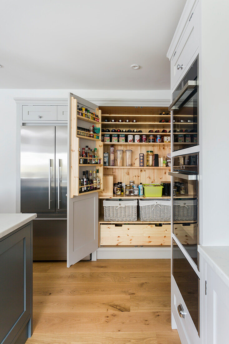Storage pantry with open door in kitchen