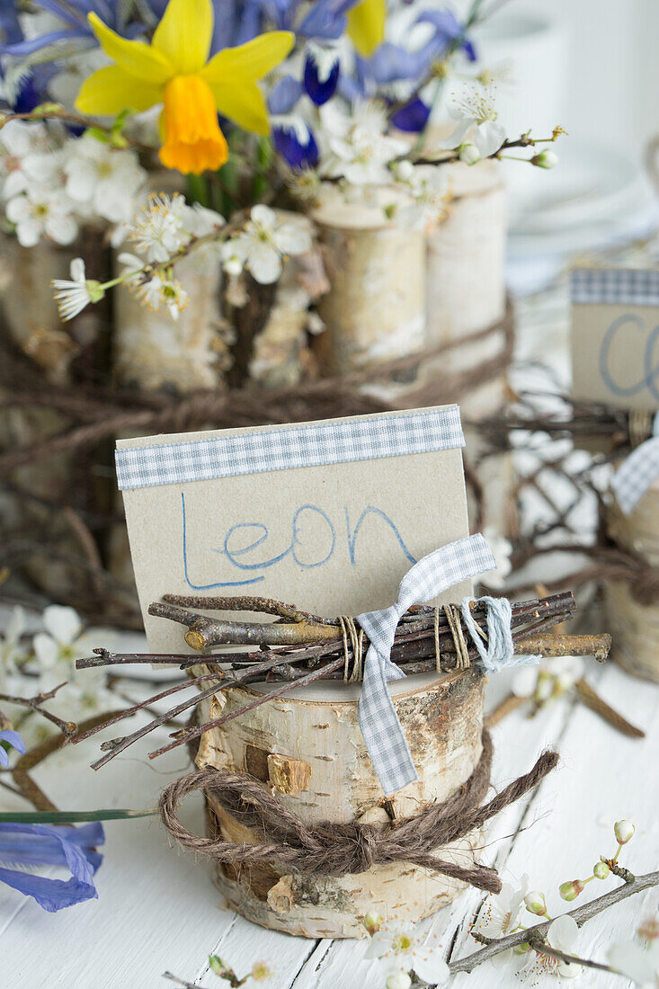 DIY birch trunk place card holder with name tag