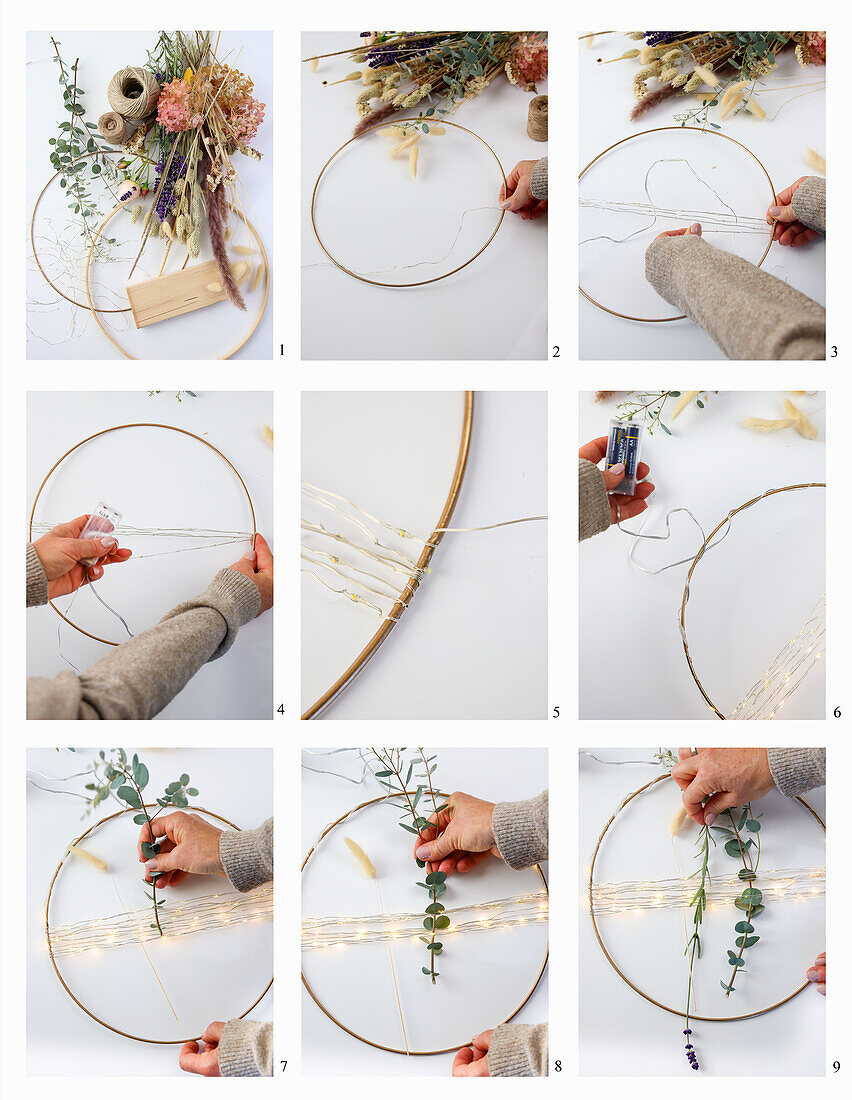 Making a flower hoop with dried flowers and fairy lights