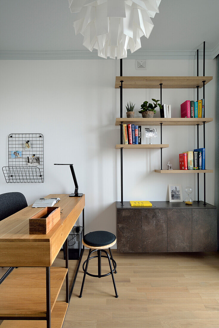Metal and wood desk and shelving in the home office