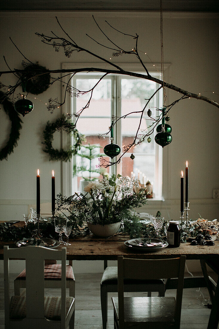 Christmas decorations and set table