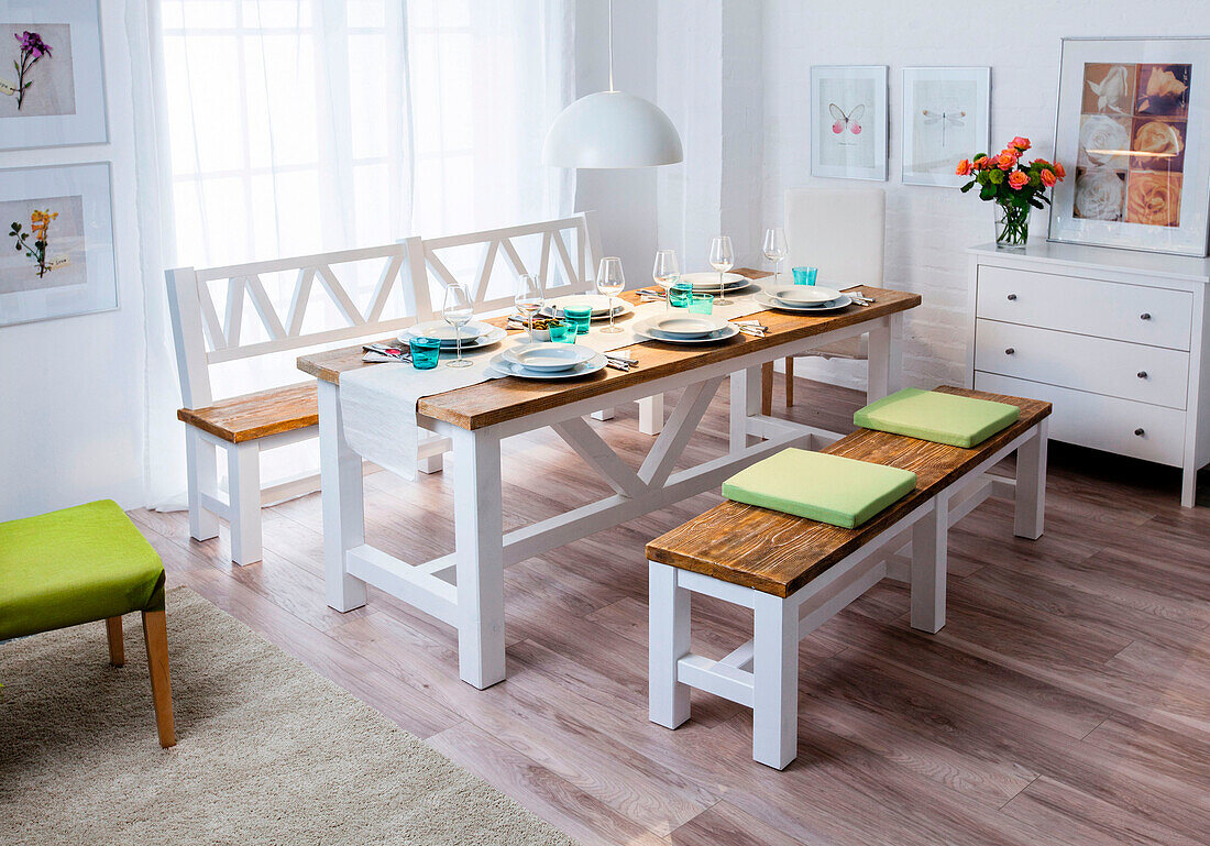 DIY wooden table with matching benches