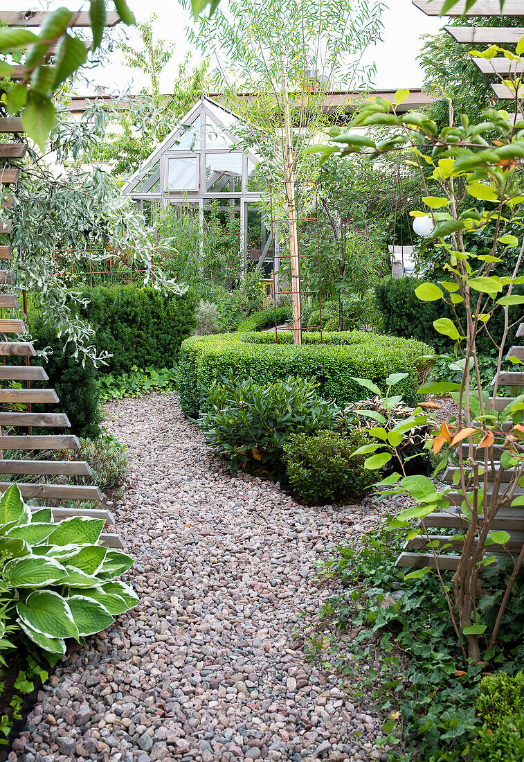 Gravel path in the garden leading to the greenhouse
