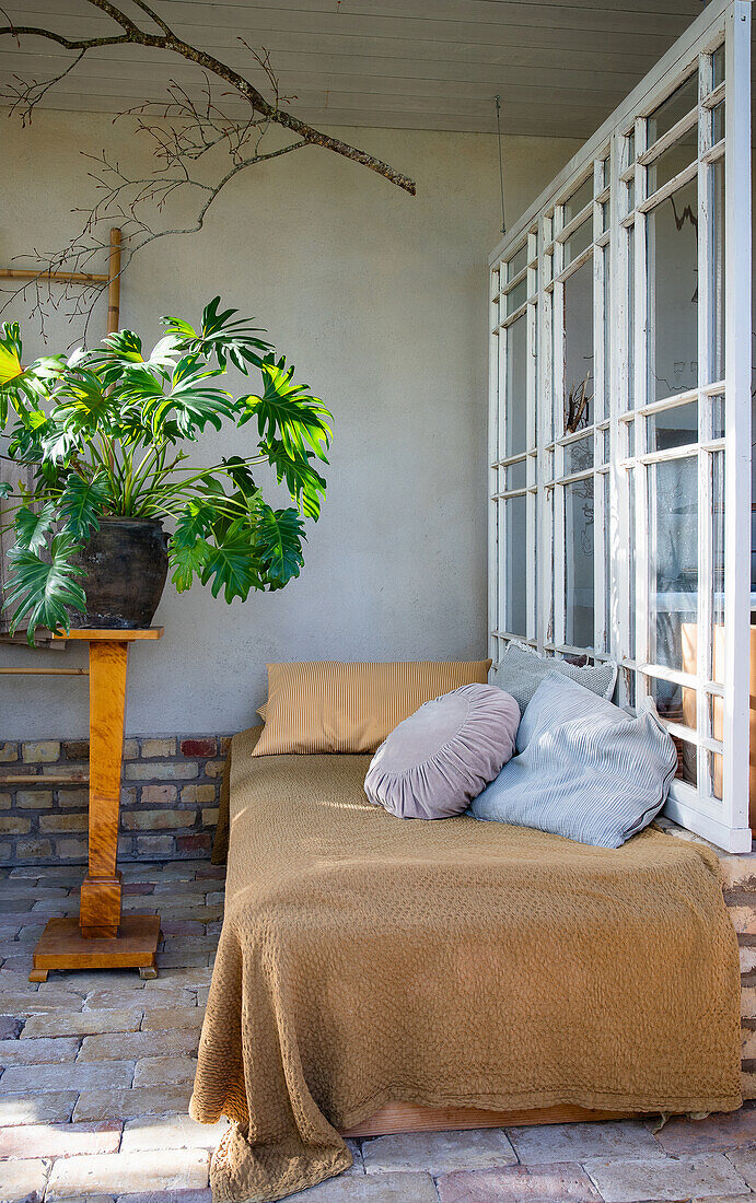 Tagesbett und üppige Pflanze in der Orangerie