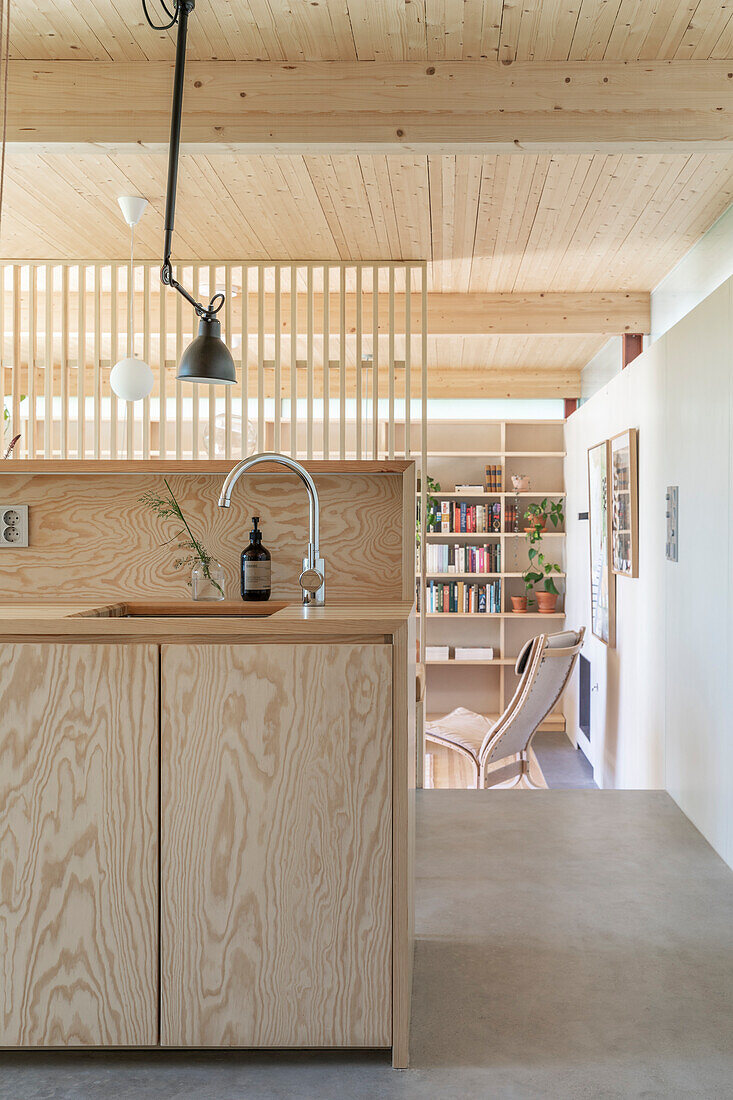 Light wooden kitchen with concrete floor in a split level house