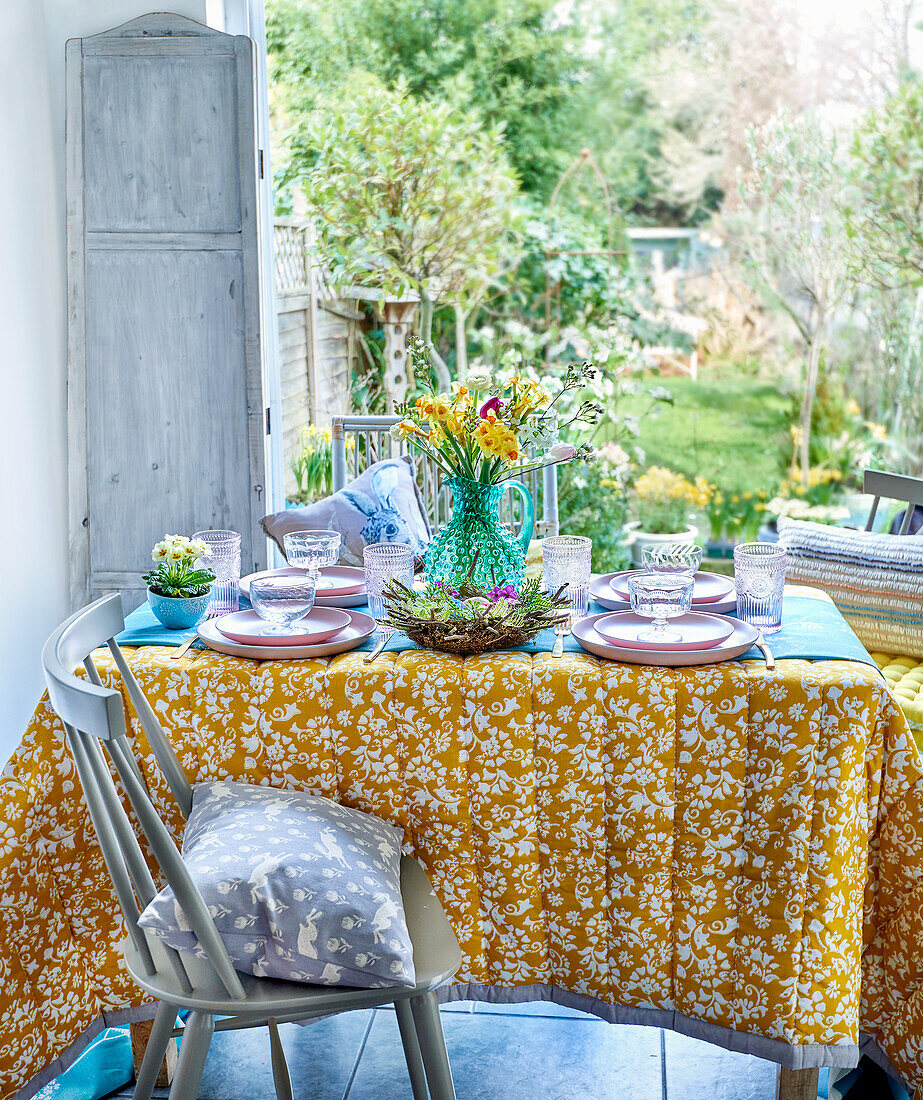 Set Easter table with garden view