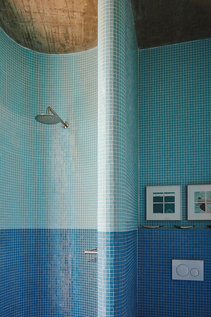 Curved wall with blue mosaic tiles in the shower