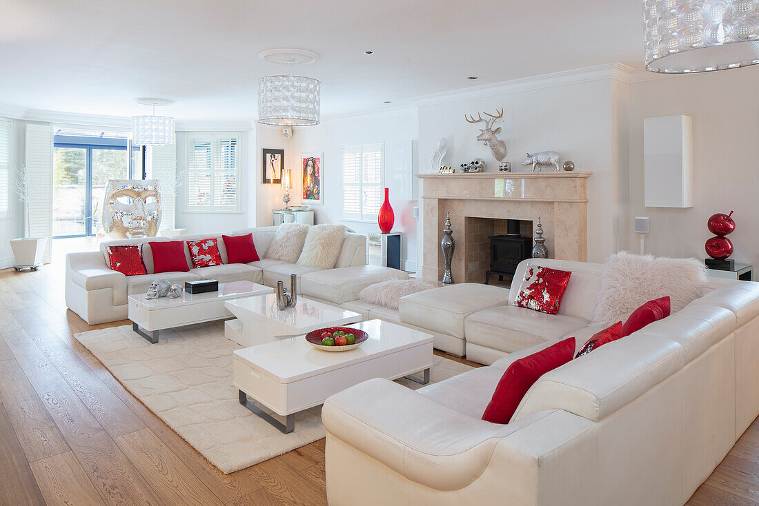 Bright living room with fireplace and white and red color scheme