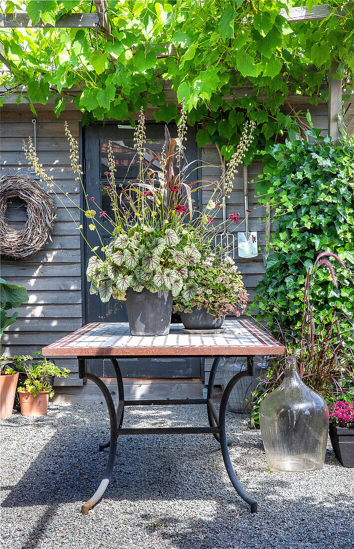 Enchanting garden area with pergola, climbing plants and mosaic table