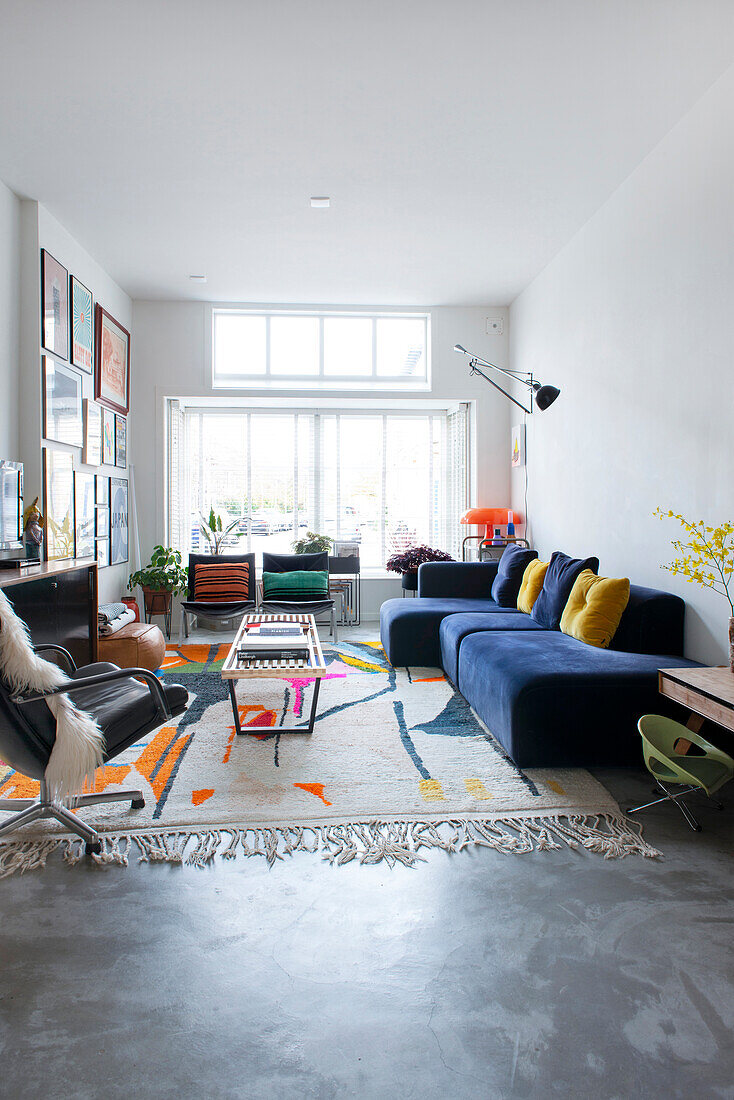 Living room with colorful accentuated carpet and blue sofa