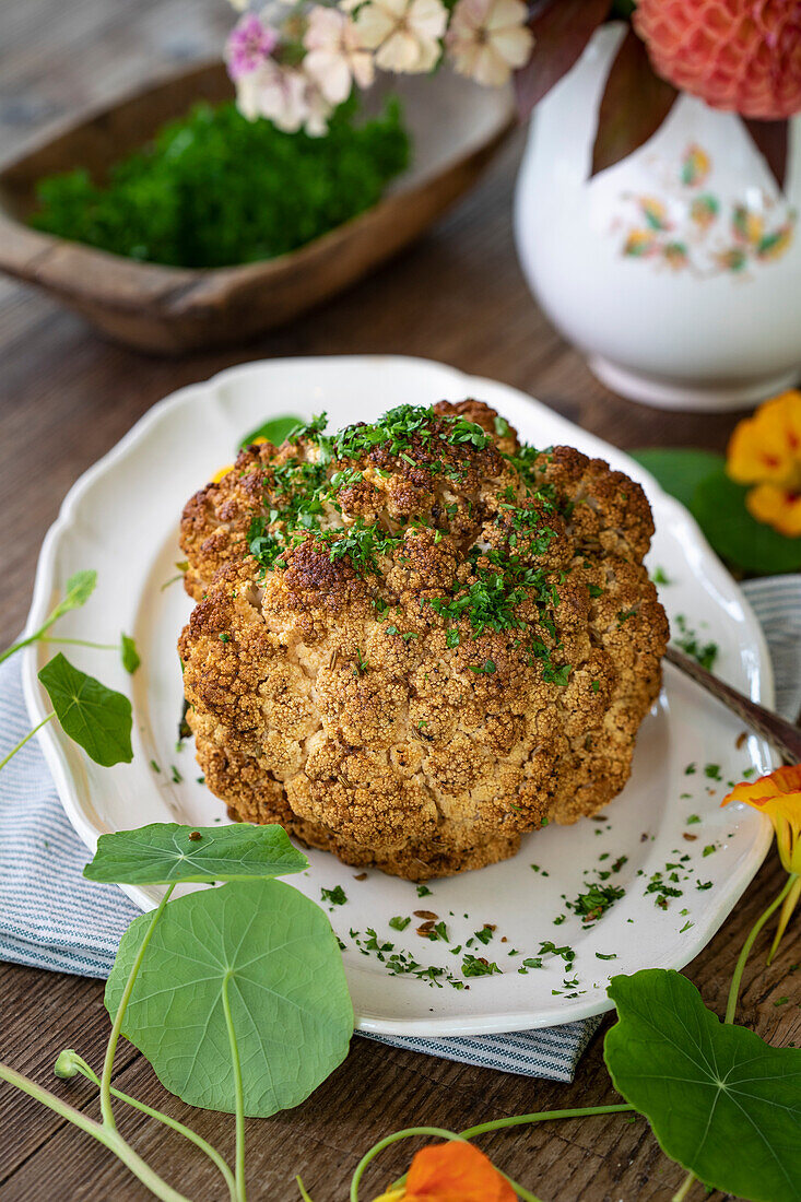 Baked cauliflower with parsley on a white plate and wooden table