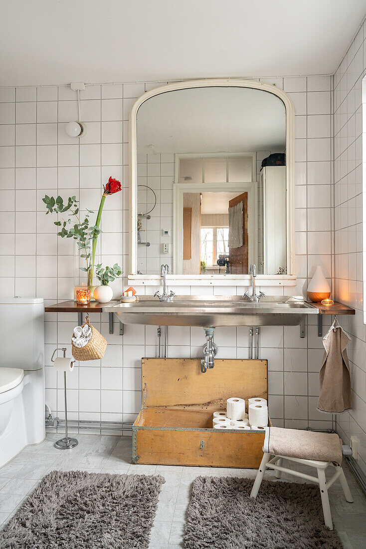 Bathroom with mirror above sink, vintage suitcase and grey bath mats