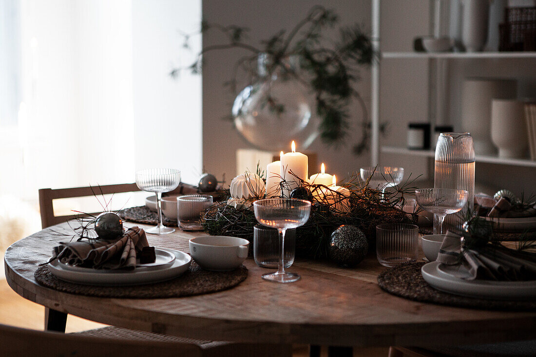 Festively laid dining table at Christmas time