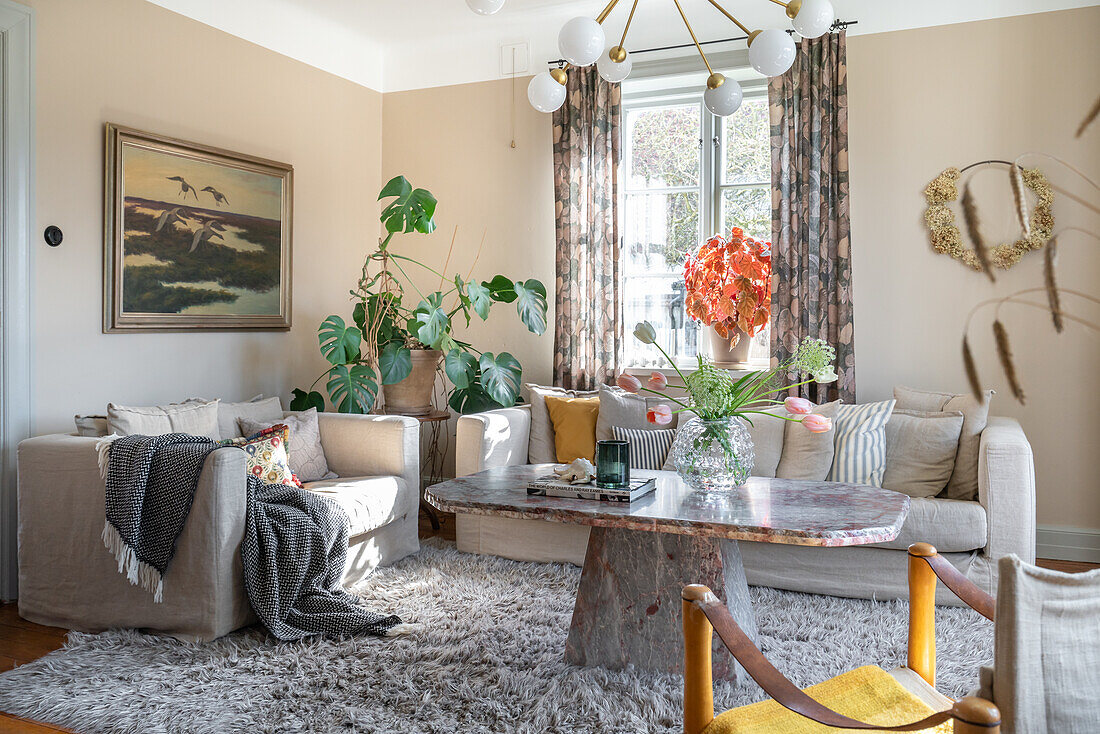 Living room with monstera and multi-armed ceiling light