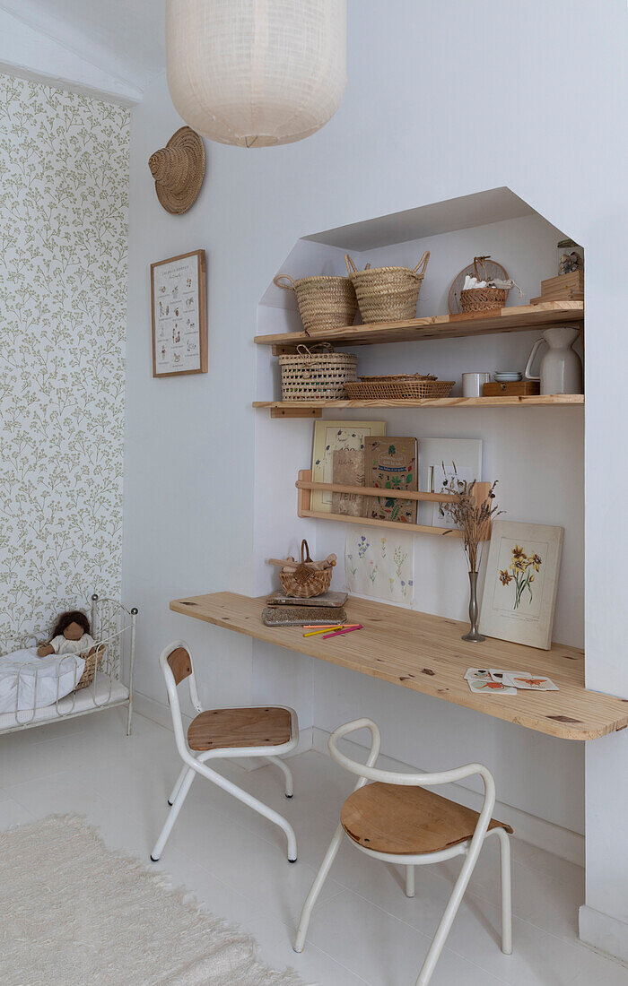 Scandinavian-style desk with wooden shelves