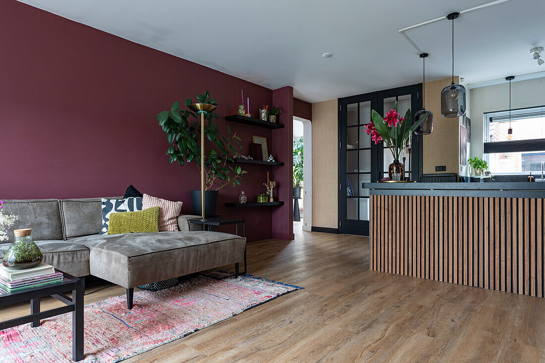 Modernes Wohnzimmer mit bordeauxroter Wand, Pflanzen und Holzmöbeln