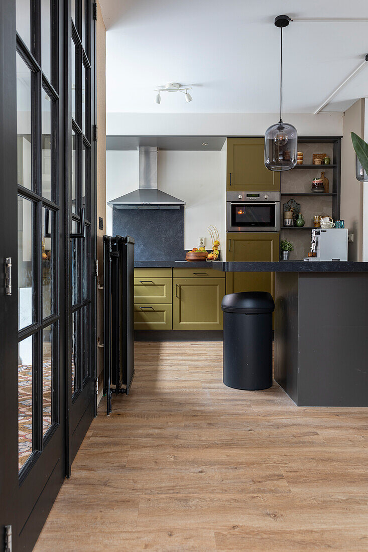 Modern kitchen in olive green with black accents and wooden floor