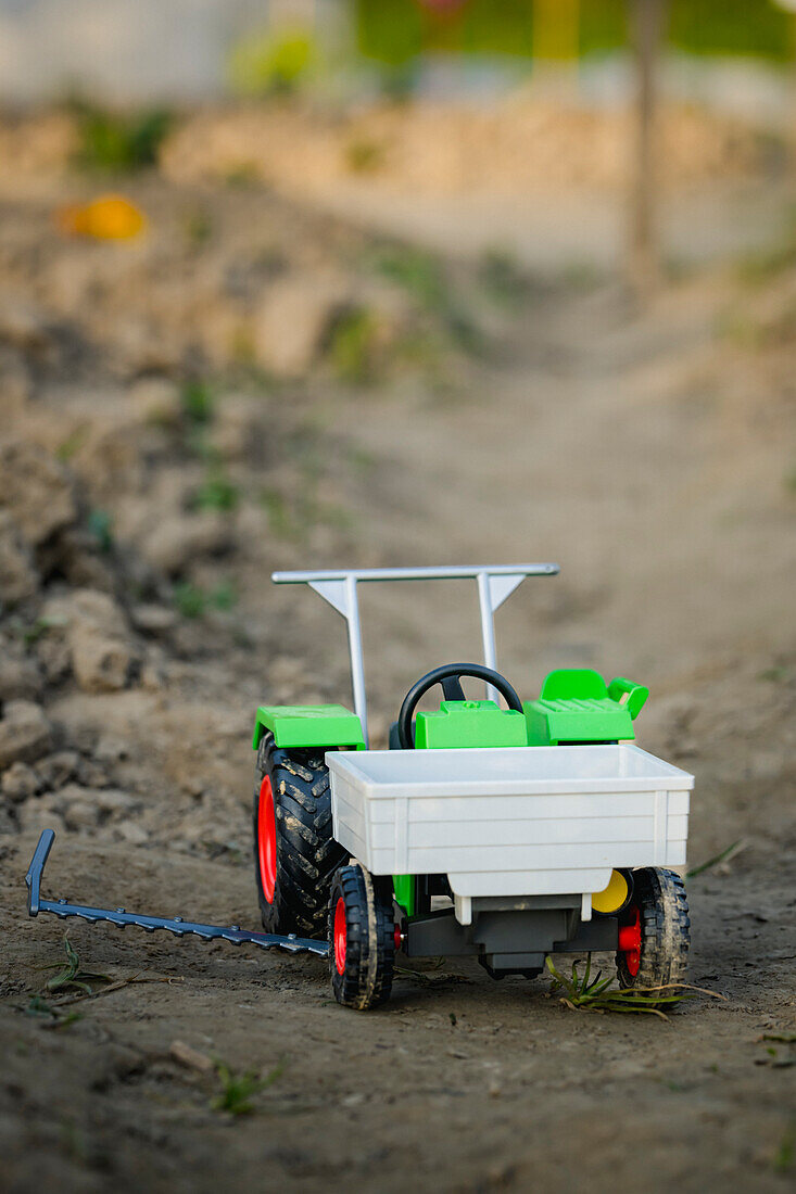 Spielzeugtraktor im Gemüsebeet