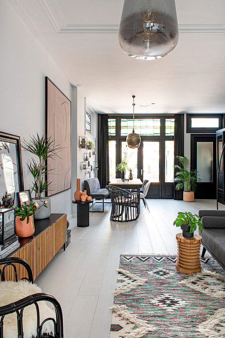 Bright living room with black and grey color accents