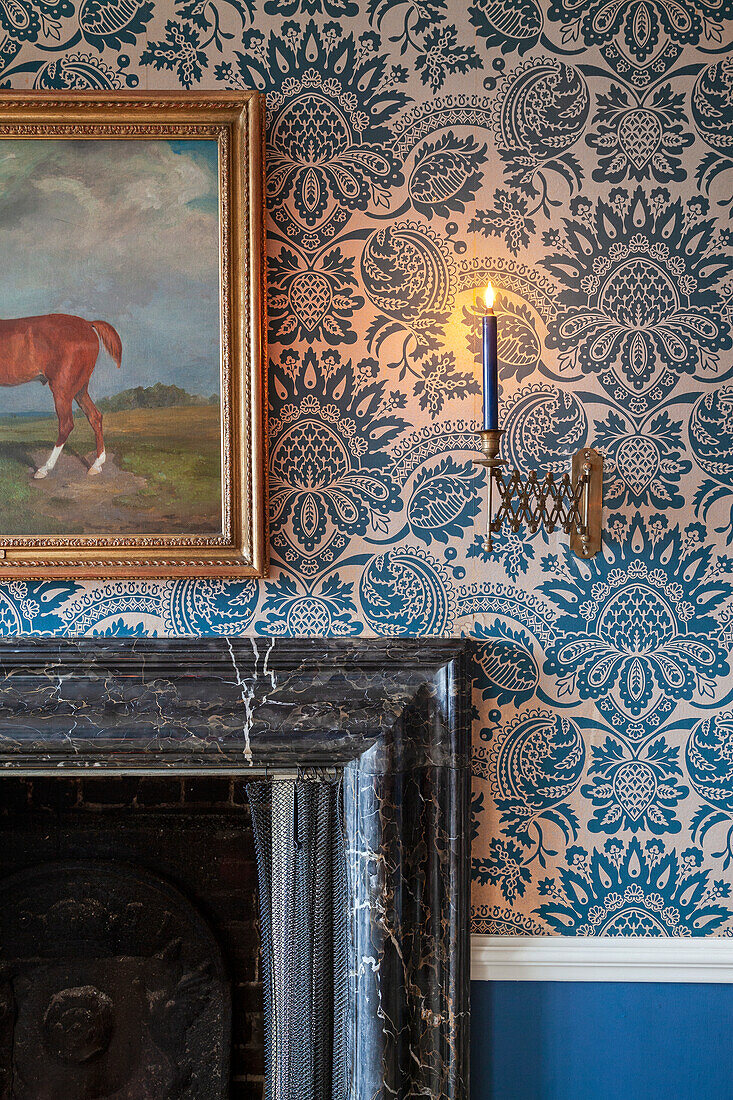 Patterned wallpaper with horse portrait and candlestick