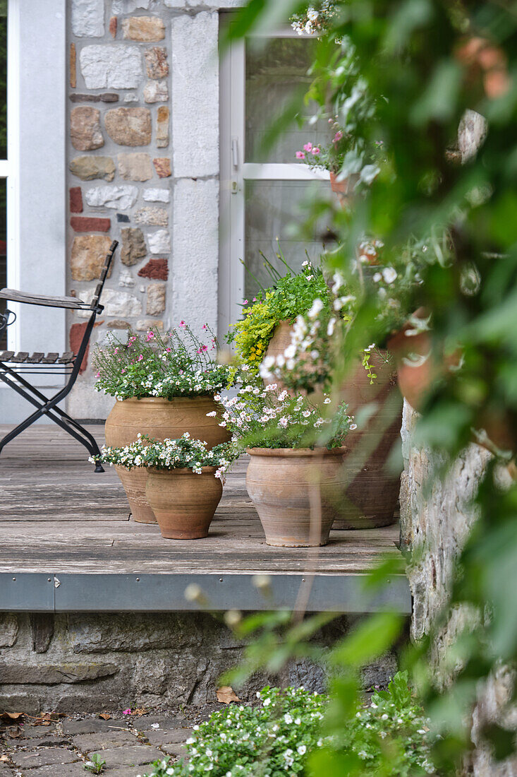 Terrasse mit Blumen in Terrakottatöpfen und Stuhl im Hintergrund