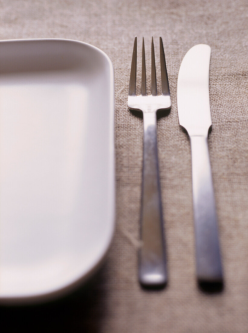 Gedeckter Tisch mit quadratischem weißen Teller, Messer und Gabel