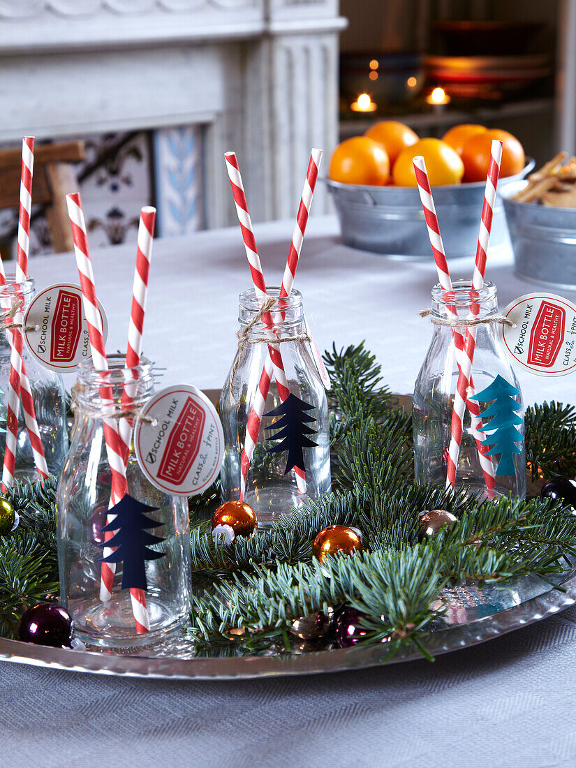Red and white striped straws in bottles with pine needles and baubles in family home, France
