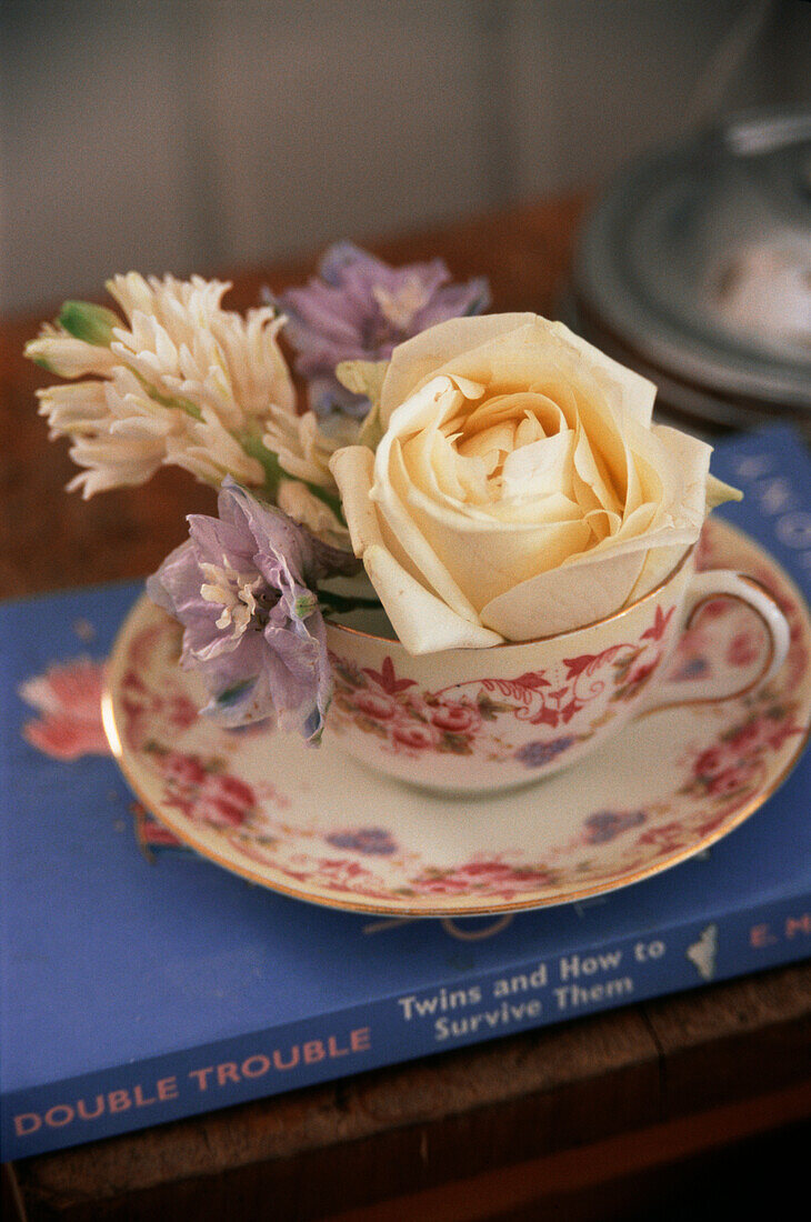 Detail of fresh cut flowers displayed in a tea cup