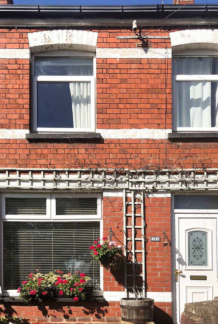 Exterior of Victorian red brick terrace house with window box and hanging plants Cardiff Wales UK