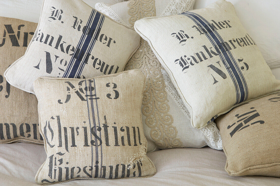 Old fashioned hessian covered cushion in Suffolk home, England, UK