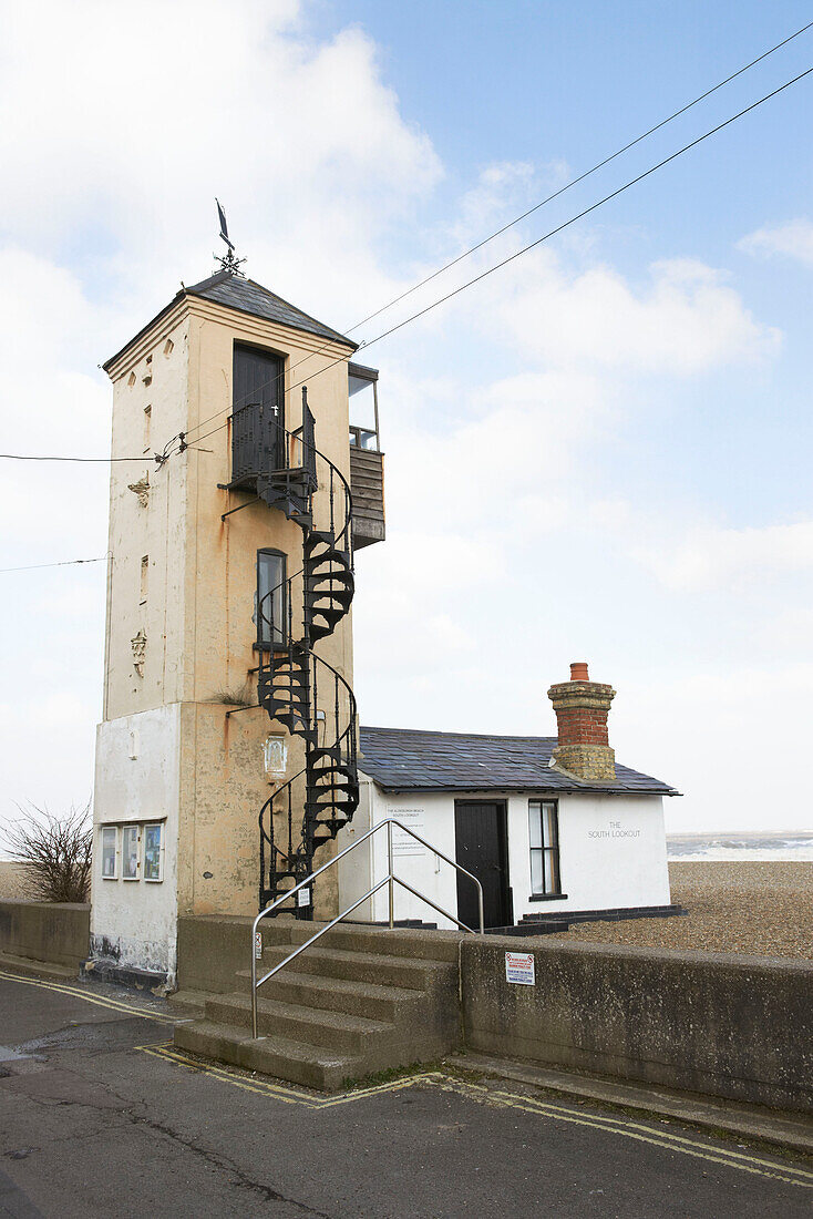 Look-out tower with wrought iron metal steps Aldeburgh, Suffolk England UK