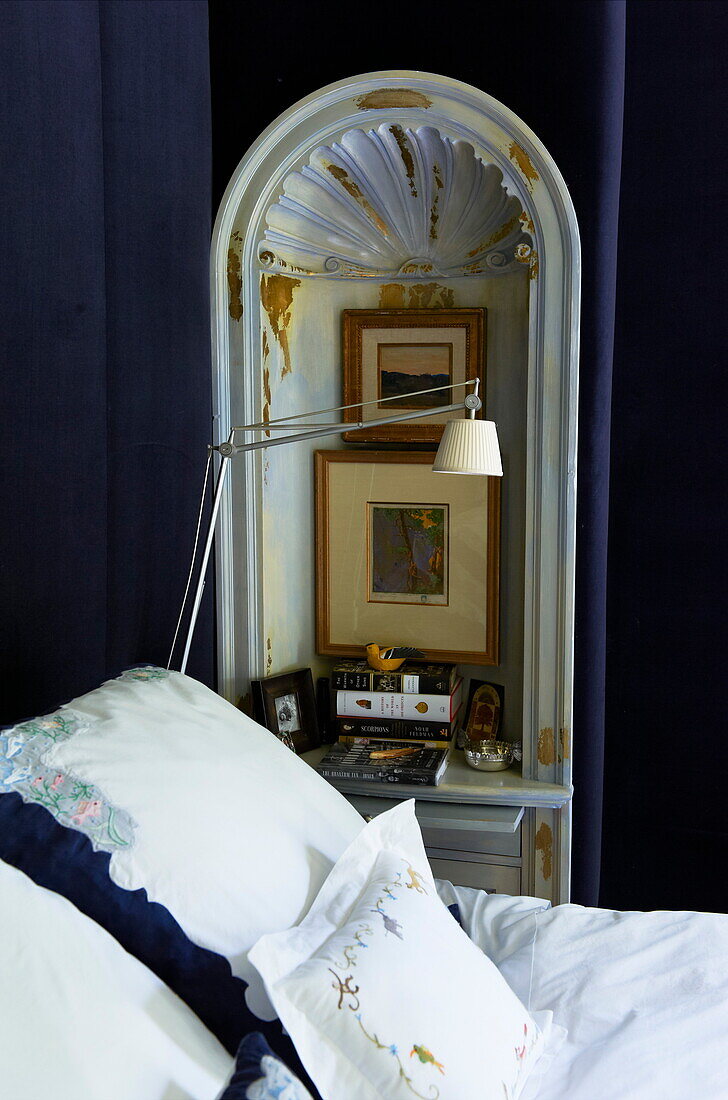 Arched bedside detail in Massachusetts home, New England, USA