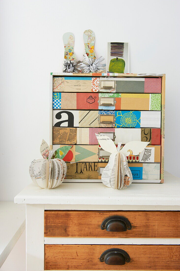 Decoupage file unit on sideboard in Broadstairs home, Kent, England, UK