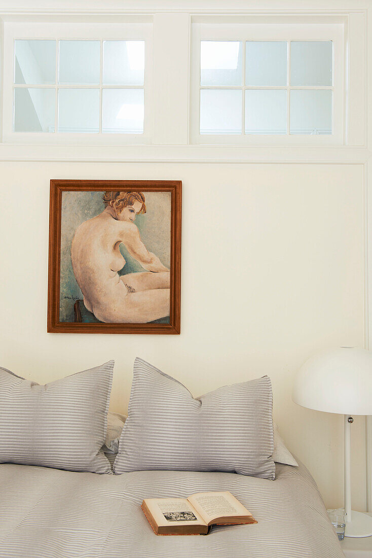 Nude portraiture above double bed in Austerlitz home, Columbia County, New York, United States