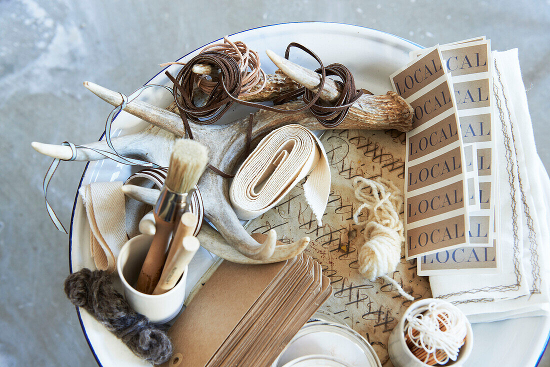 Wool and brushes with antler and stickers in Austerlitz gift shop, Columbia County, New York, United States