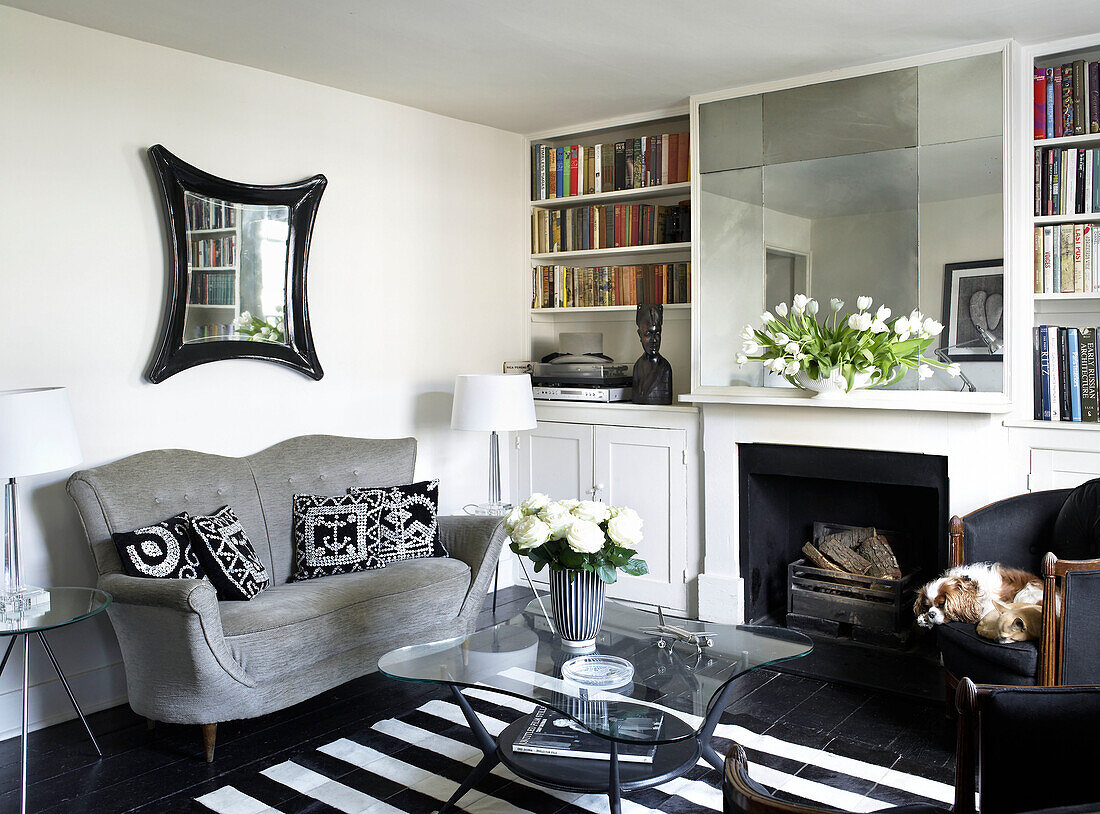 Black and white monochrome living room